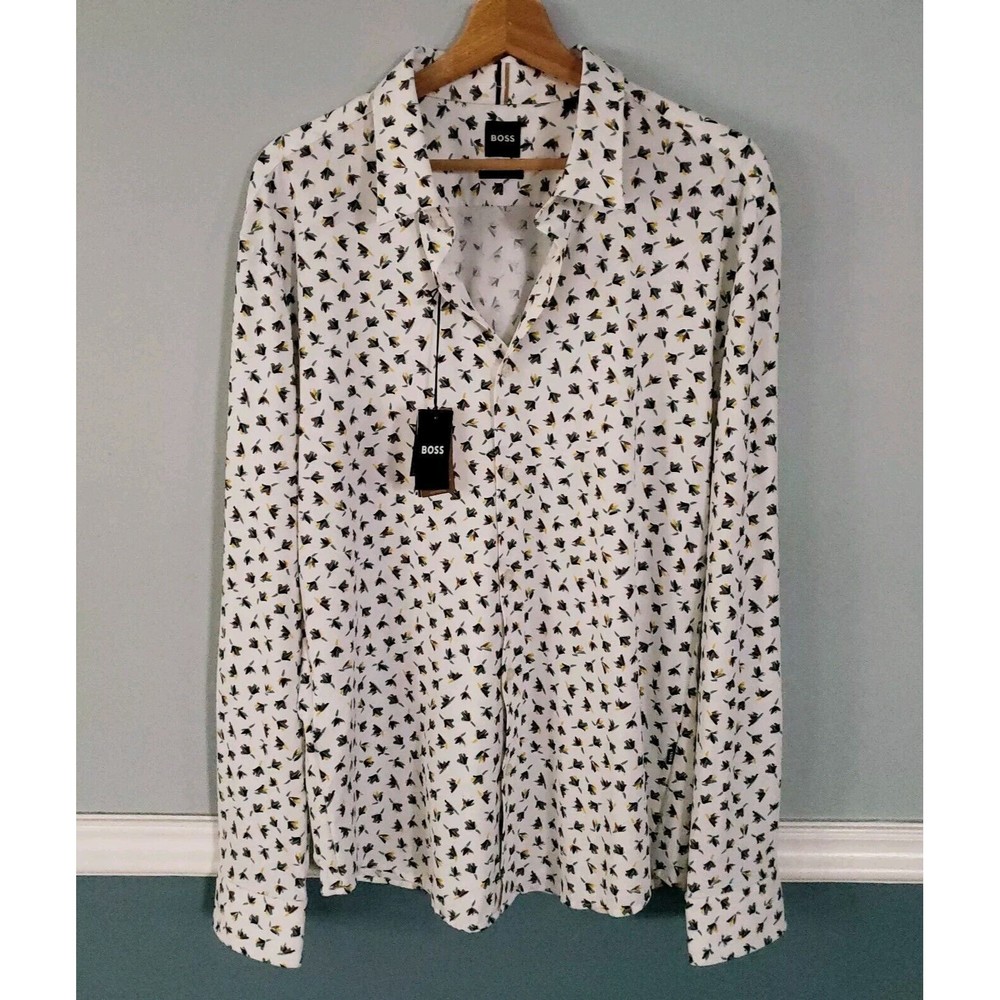 Hugo Boss Roan Slim Fit Long Sleeve Shirt Men's Sz XL White Fly Pattern NWT